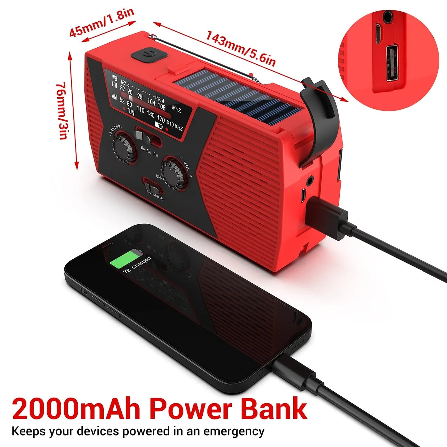 Portable Solar & Hand Crank Emergency Radio – Waterproof with Flashlight & Reading Light