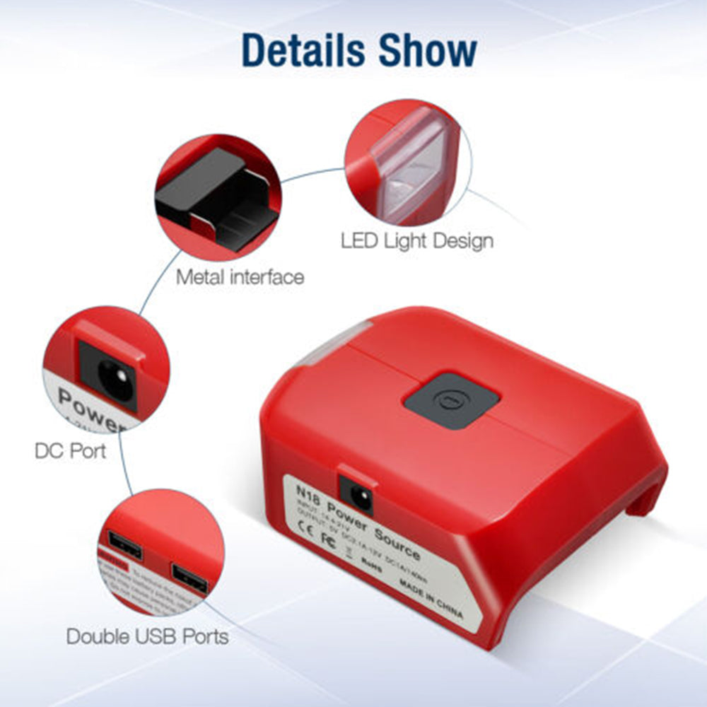 Dual USB Port Phone Charger Adapter Li-ion Battery Fit Milwaukee 18V/20V Battery