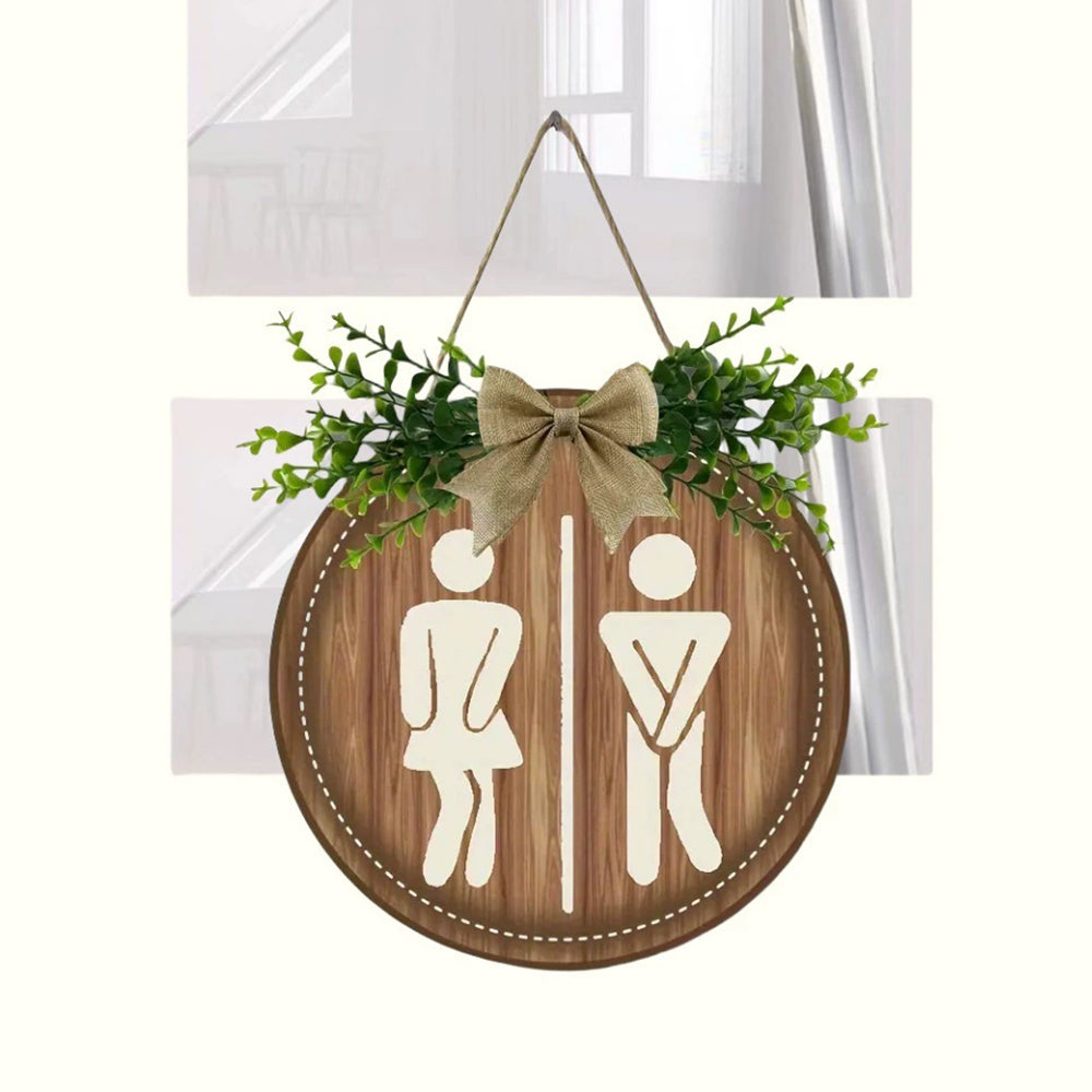 Bathroom Gender Sign – Rustic Wooden Round Hanging Toilet Door Plaque Decor 23CM