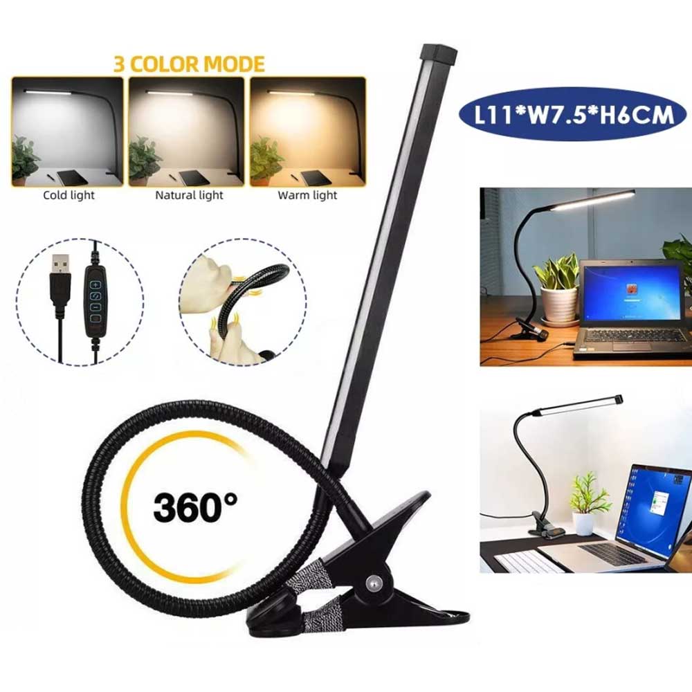 Modern Clip On LED Desk Lamp Eye Care USB Power Dimmable Light Adjustable Clamp