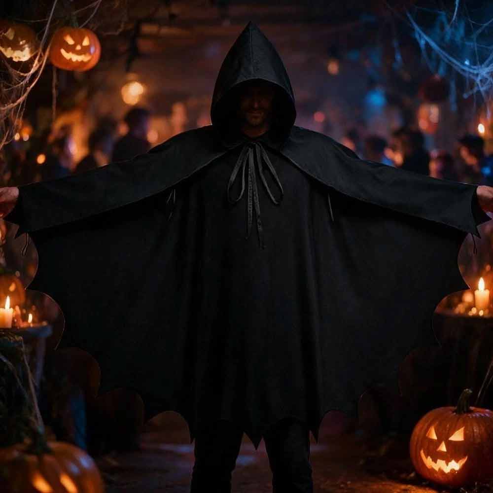 Halloween Bat Hooded Cloak – Medieval Gothic Cape Costume, Black 110x190cm