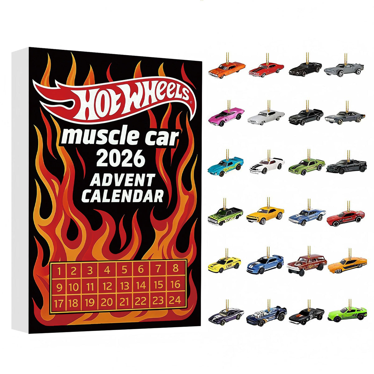 Hot Wheels 2026 Muscle Advent Calendar 2D- 24 Days of Mini Toy Cars  Acrylic Trim