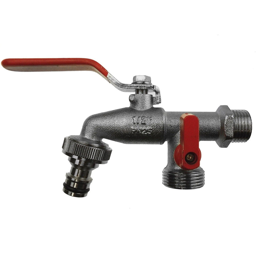 1/2" BSP Double Outlet Garden Tap - Brass Nickel Plated, Automatic Watering with Dual Connections