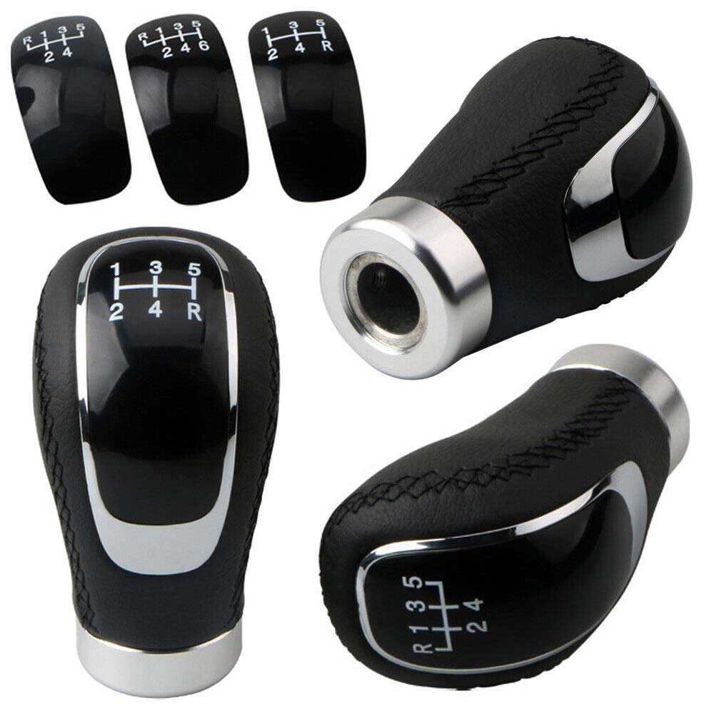 5/6 Speed + 3 Cap Black PU Leather Manual Car Gear Shift Lever Shifter StickKnob