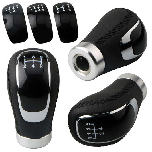 5/6 Speed + 3 Cap Black PU Leather Manual Car Gear Shift Lever Shifter StickKnob