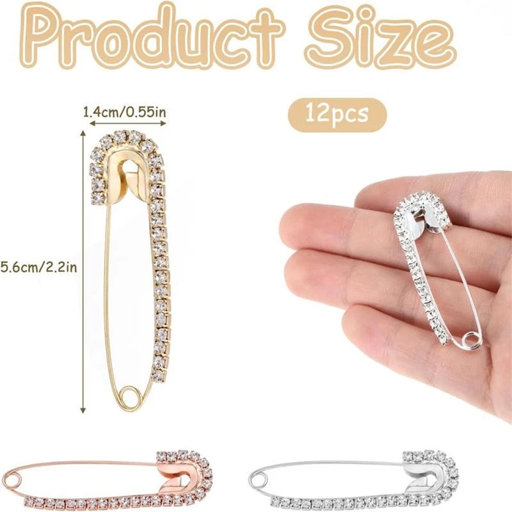 12PCS Rhinestone Modesty Pins for Clothes Brooch Pin Decor Bling Crystal Pins