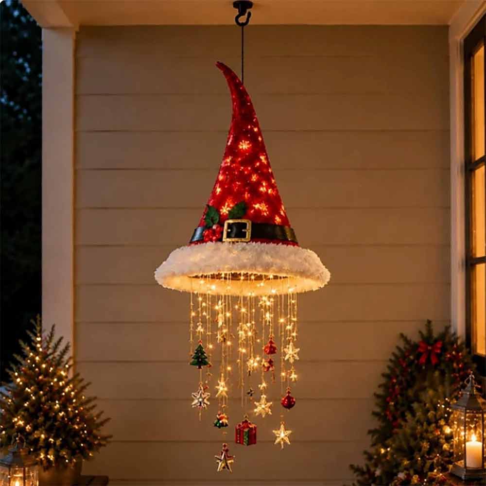 LED Santa Hat Decoration – Hanging Chandelier Light with Star Tassel for Christmas