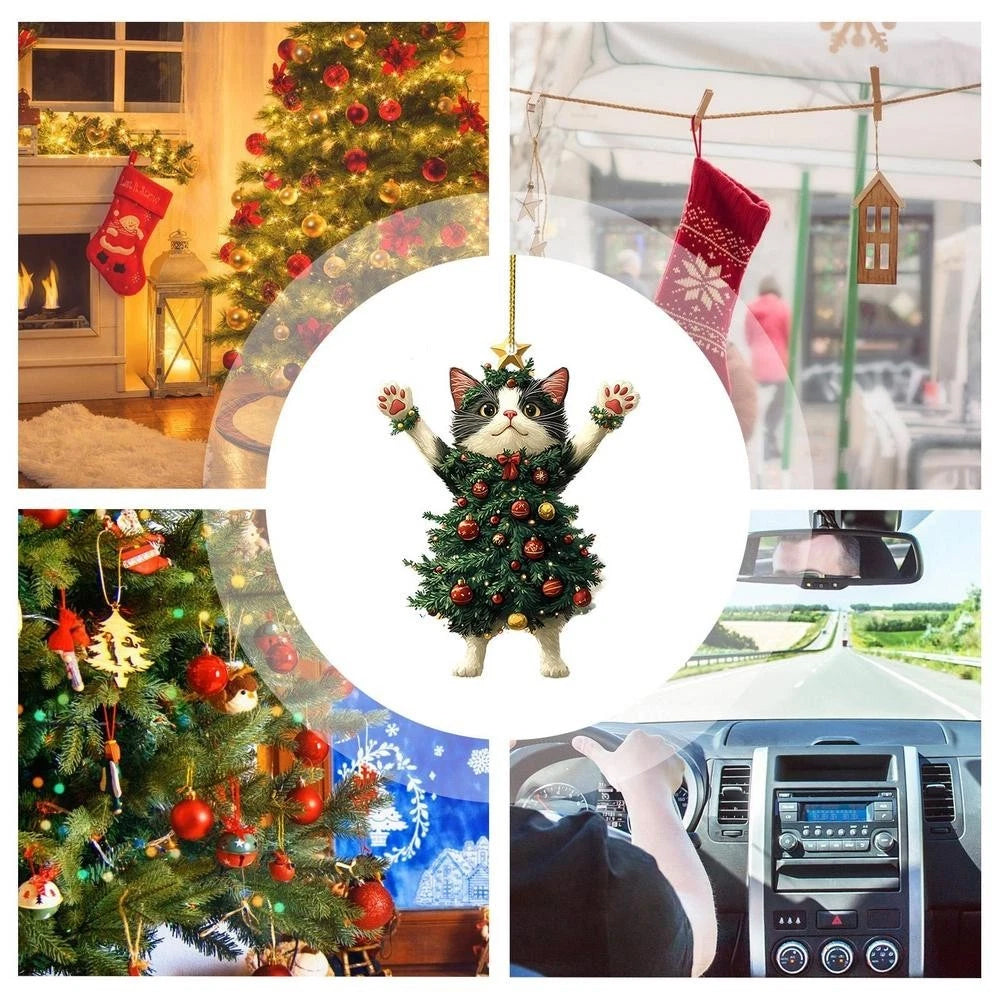 2Pcs Cute Cat in Christmas Tree Costume Hanging Ornaments 2D Acrylic Tree Pendants Decor