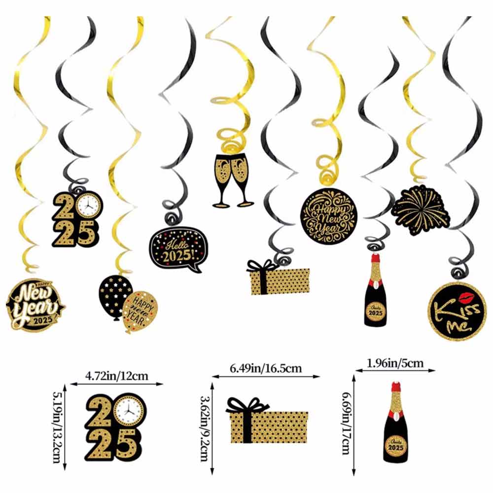 New Years Eve Decorations 2025, 18Pcs Black Gold HAPPY NEW YEAR Party Banner Set