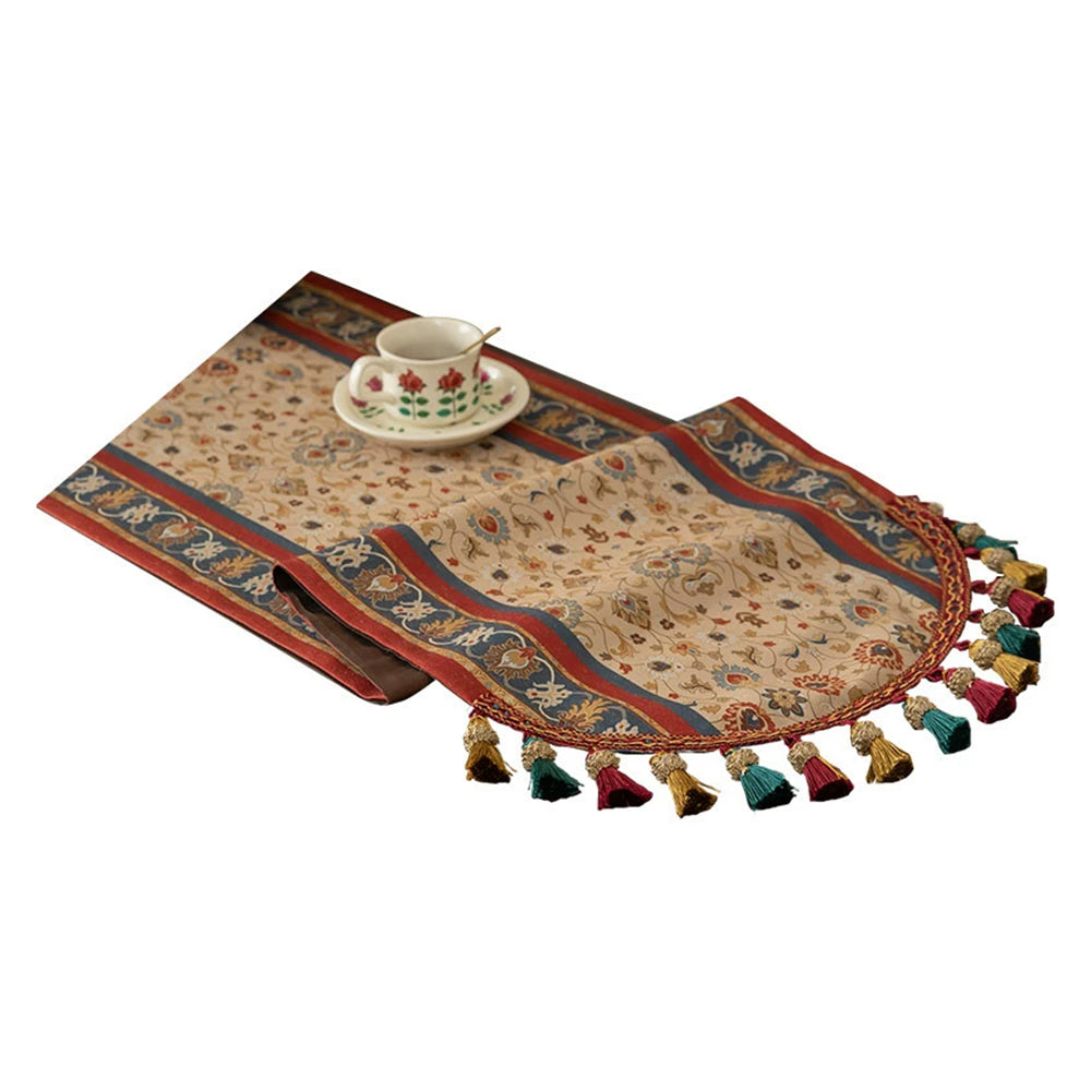 Retro Jacquard Table Runner - Long Strip Vintage Tablecloth with Tassels