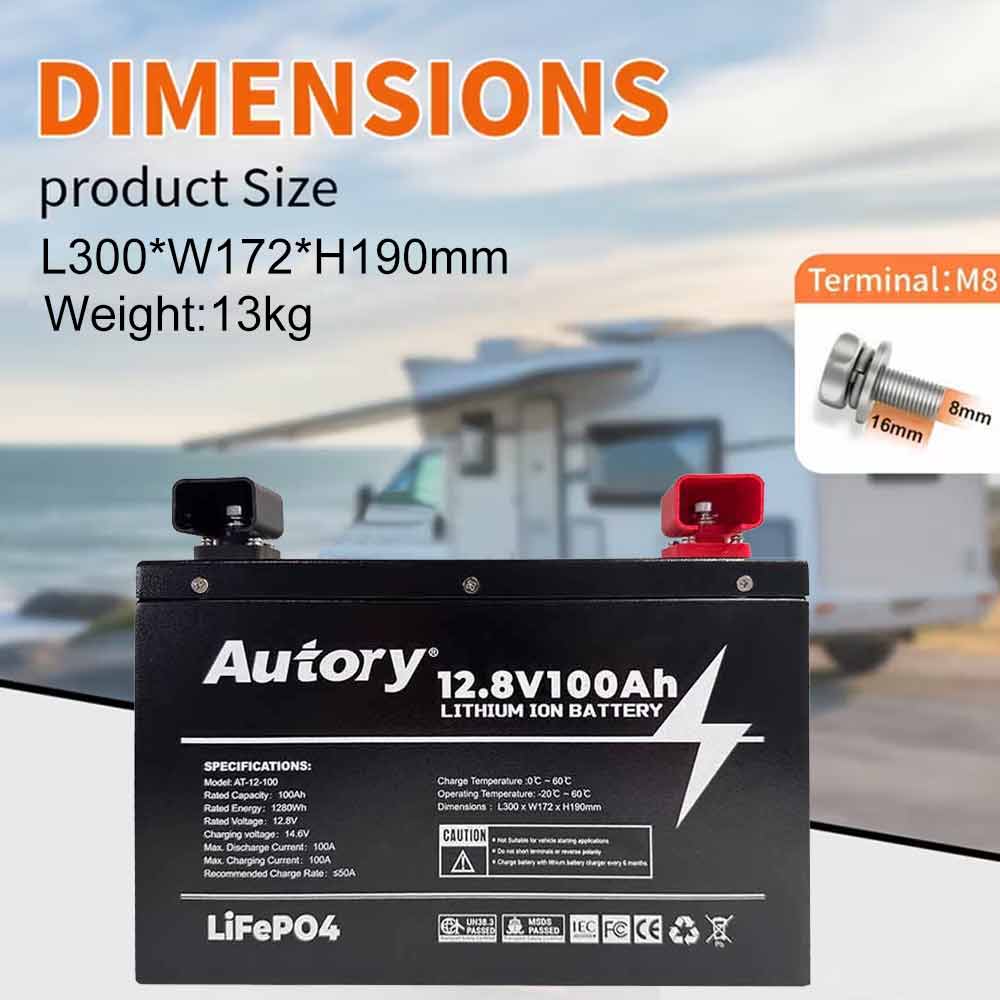 Autory 12.8V 100Ah LiFePO4 Battery with Metal Case & Mounting Bracket | Deep Cycle for RV, Solar, Marine