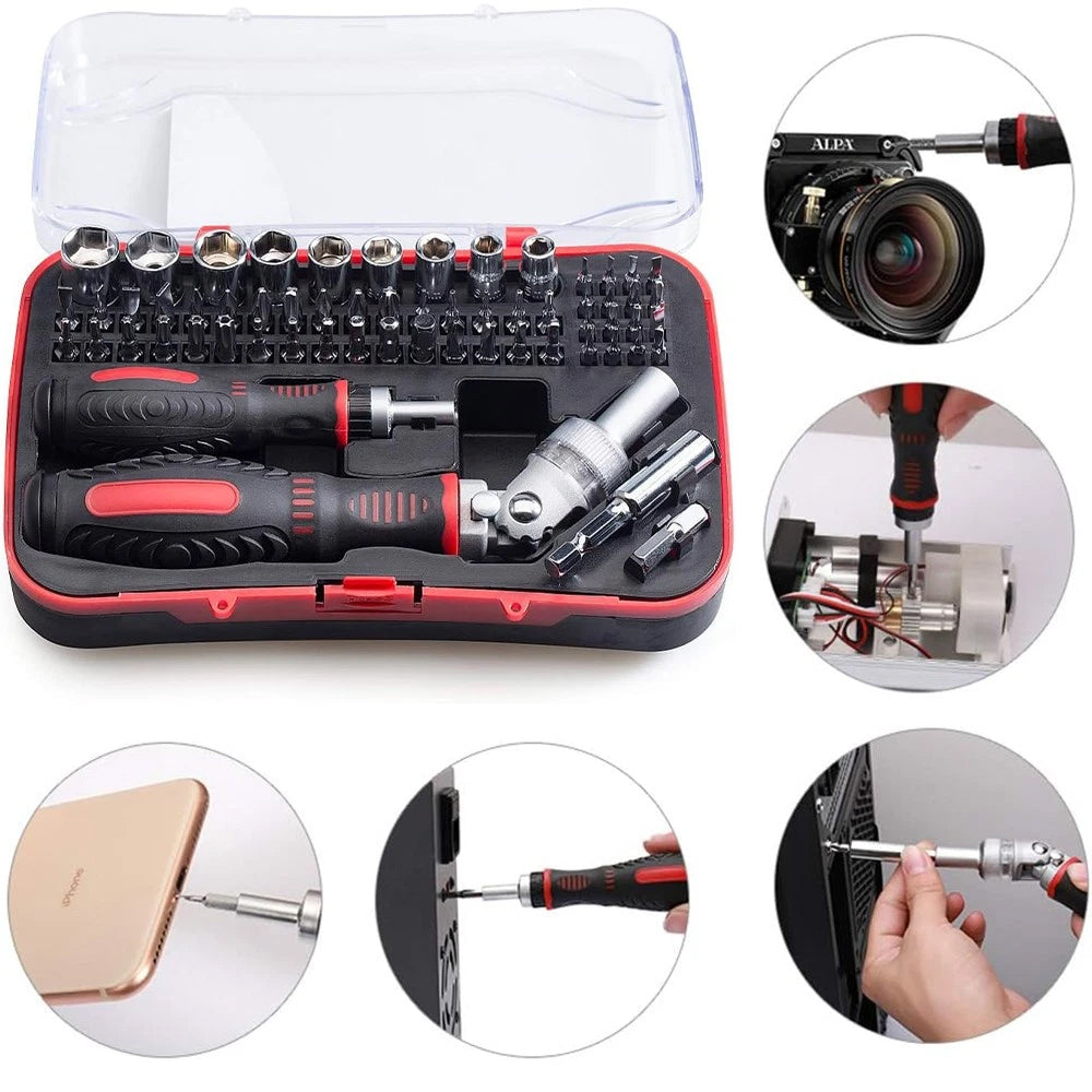 61-Piece Ratchet Screwdriver Set - 1/4" Hex Torx & Socket Kit with Right-Angle Handle