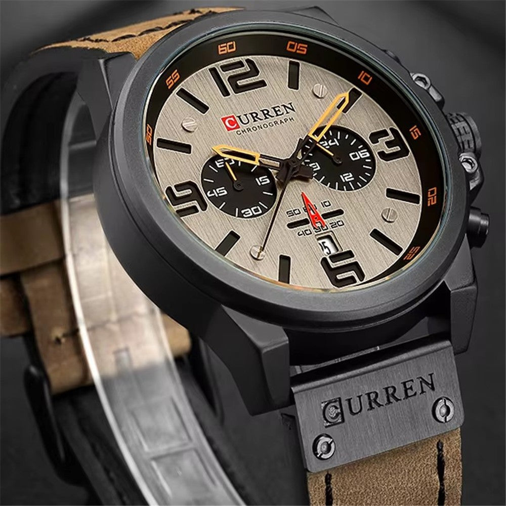 Men's Business Quartz Watch – Leather Chronograph Calendar 47mm Multifunction