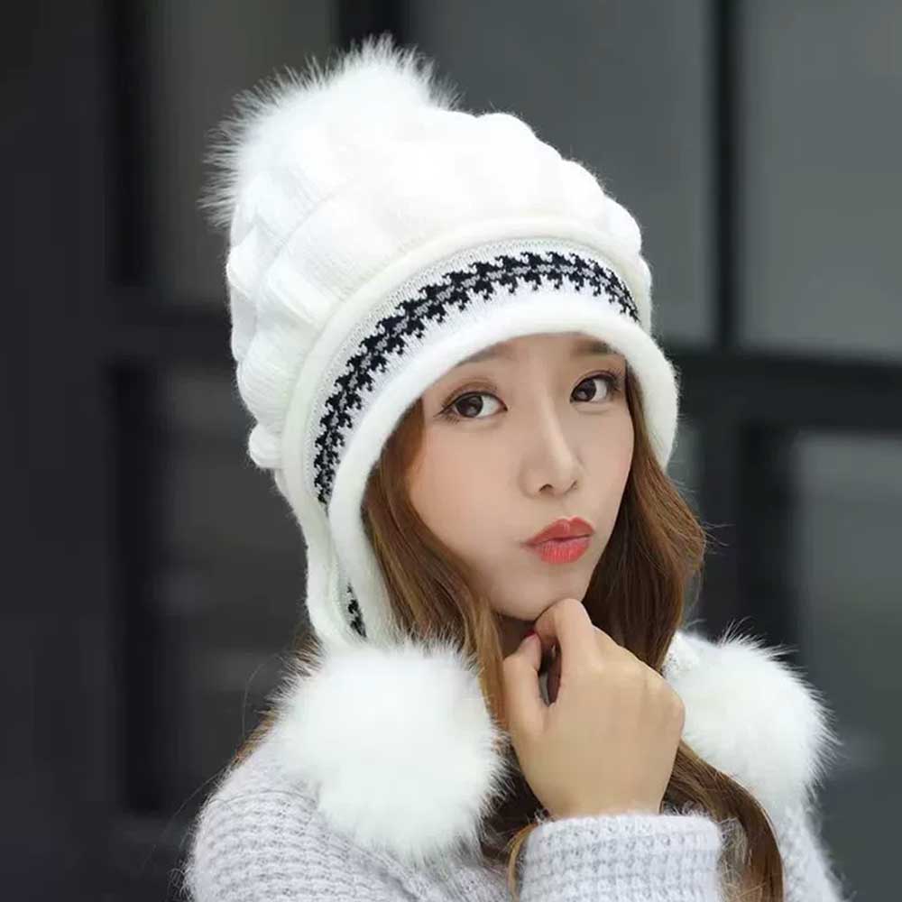 Knitted Beanie Hat with Ear Flaps & Pom Pom - Winter Ski Cap Warm White