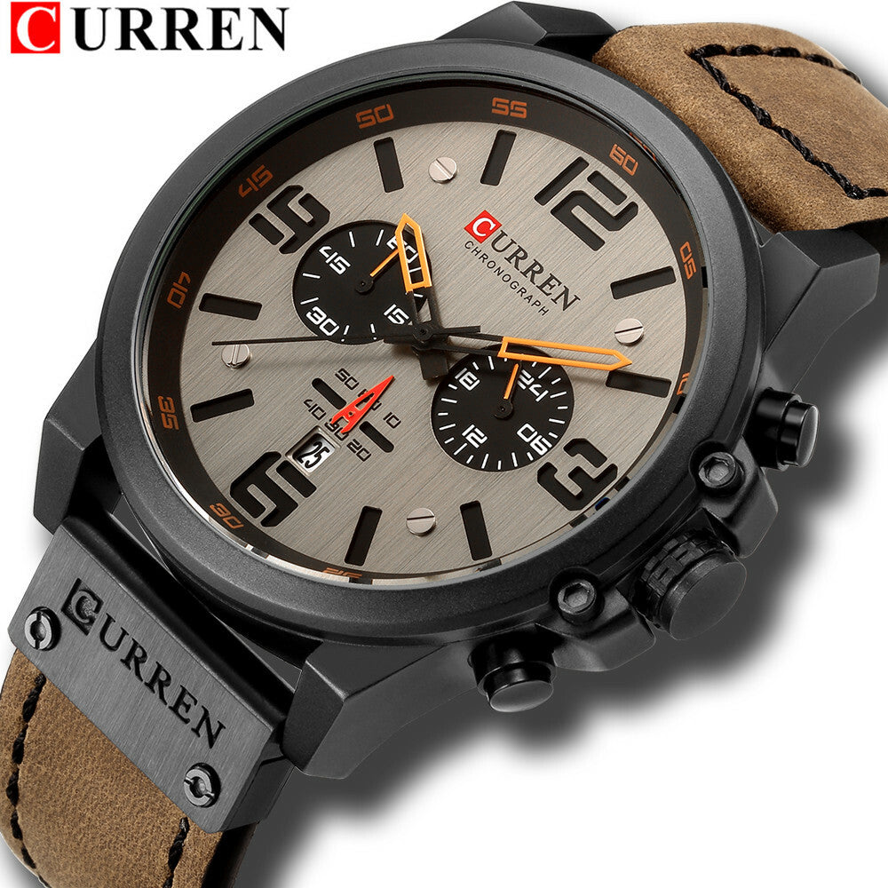 Men's Business Quartz Watch – Leather Chronograph Calendar 47mm Multifunction