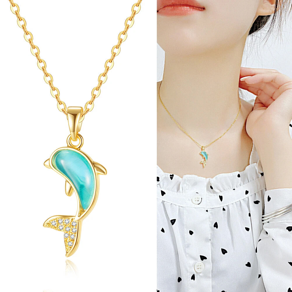 European Stainless Steel Blue Dolphin Pendant Necklace | Elegant Jewelry Gift for Women