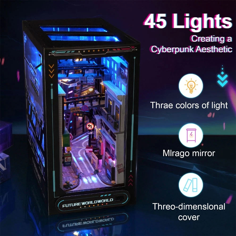 3D Wooden Book Nook DIY Kit Miniature House Model with LED Lights for Bookshelf Decor Creative Christmas Gift