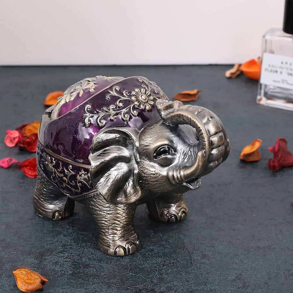 Elephant Ashtray with Lid - Windproof Metal Ashtray for Outdoor & Indoor Use, Decorative Patio & Home Accessory