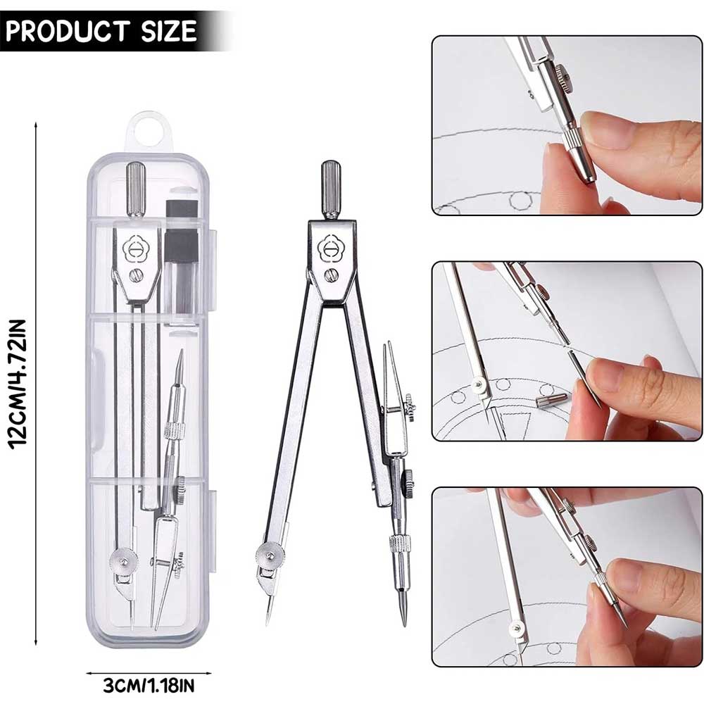 Metal Drafting Compass – Refillable Geometry Tool with Extra Leads & Case