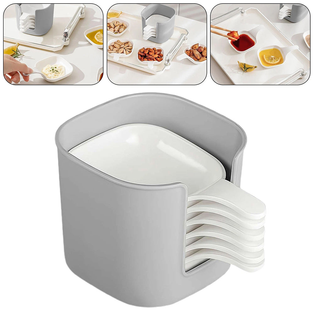 6-Piece Dipping Sauce Plate Set with Holder - Plastic Condiment Dishes for Parties