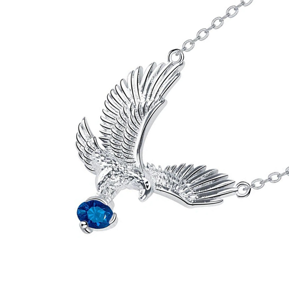 European Style Eagle Pendant Necklace for Women - Silver Plated Chain with Blue CZ Stone