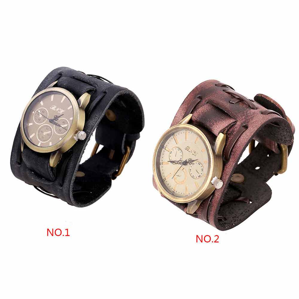 Retro Punk Rock Leather Bracelet Cuff Men Wrist Watch Wide Band Quartz Watch