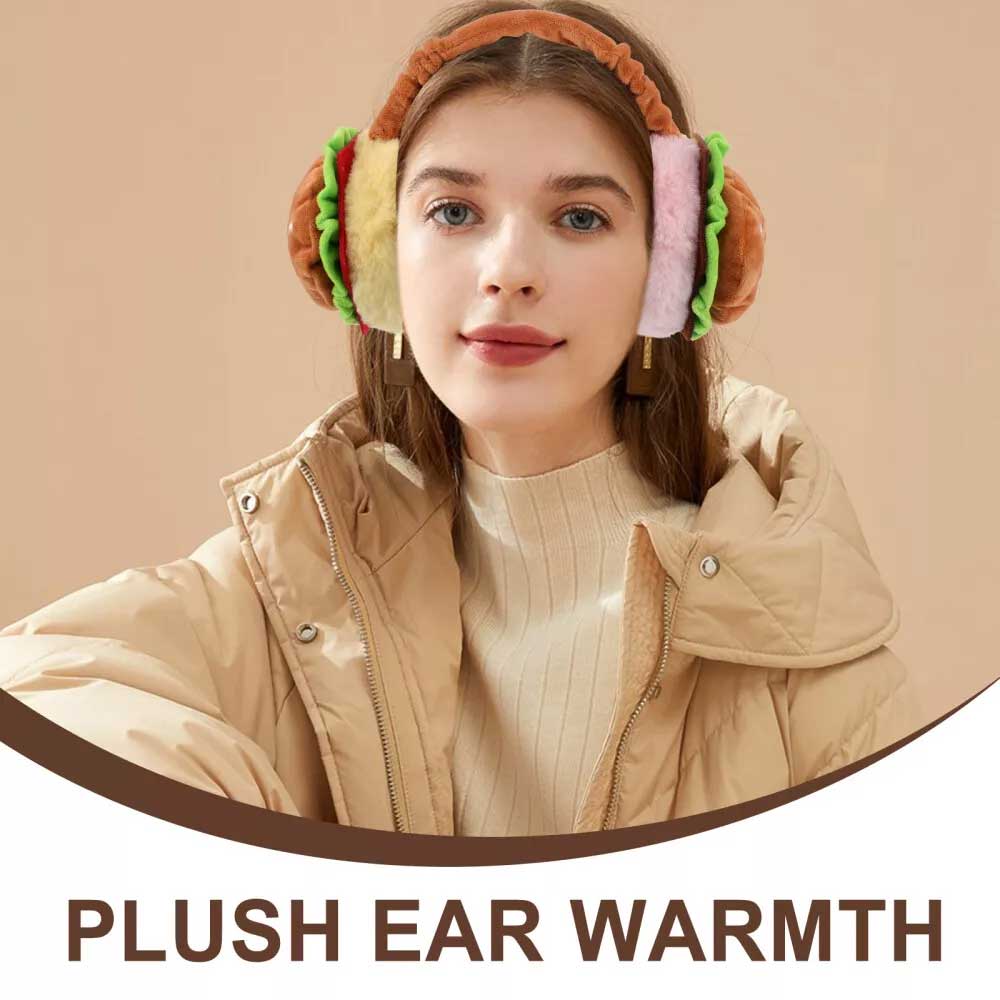 Hamburger Ear Muffs – Funny Fast Food Plush Ear Warmers for Adults, Foldable & Portable Cold Weather Accessory