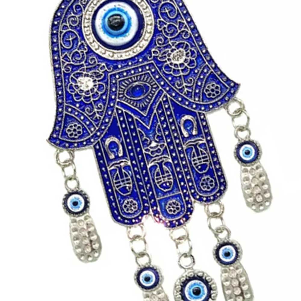 Turkish Blue Evil Eye Hamsa Hand with Elephant Wall or Car Hanging Amulet Gift