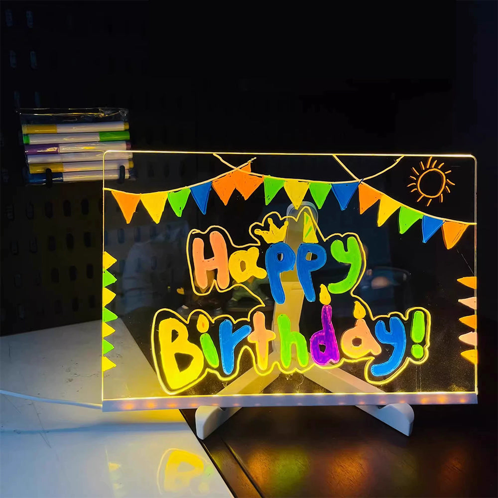 Light Up Message Board - 30x20cm Acrylic Rewritable Drawing Lamp with 7 Pens