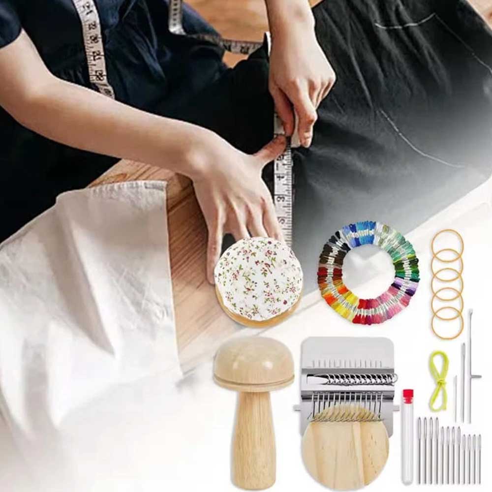 Mini Darning Loom & Mushroom Knit Patch Kit - Handcraft DIY Weaving Repair Tool