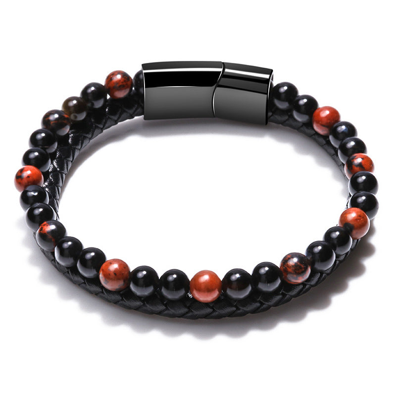 Me Natural Tiger Eye Stone Beads Bracelet Matte Black Onyx Leather Bracelet 23CM