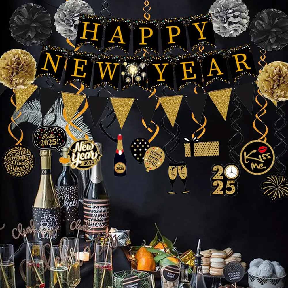 New Years Eve Decorations 2025, 18Pcs Black Gold HAPPY NEW YEAR Party Banner Set