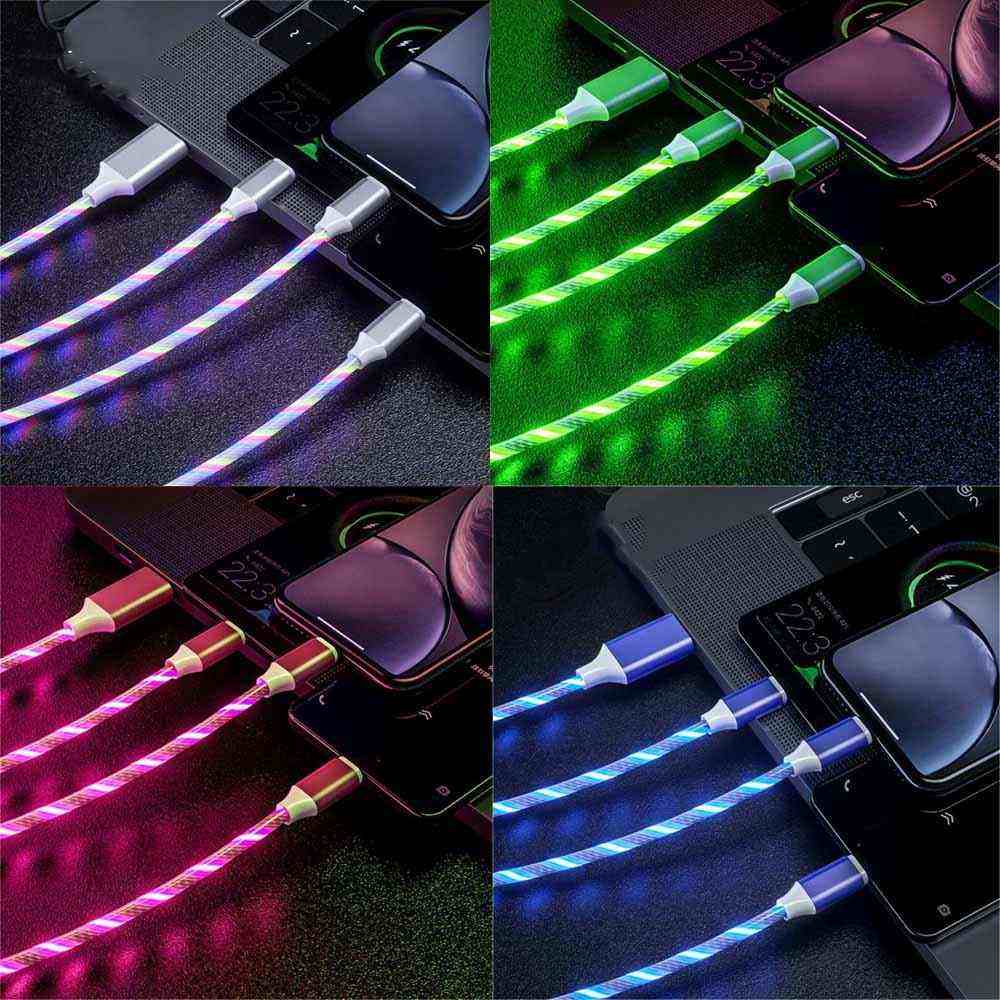 4PCS 1m LED Flowing Light Up 3 in 1 Charging Cable, Micro Type-C iPhone Cable
