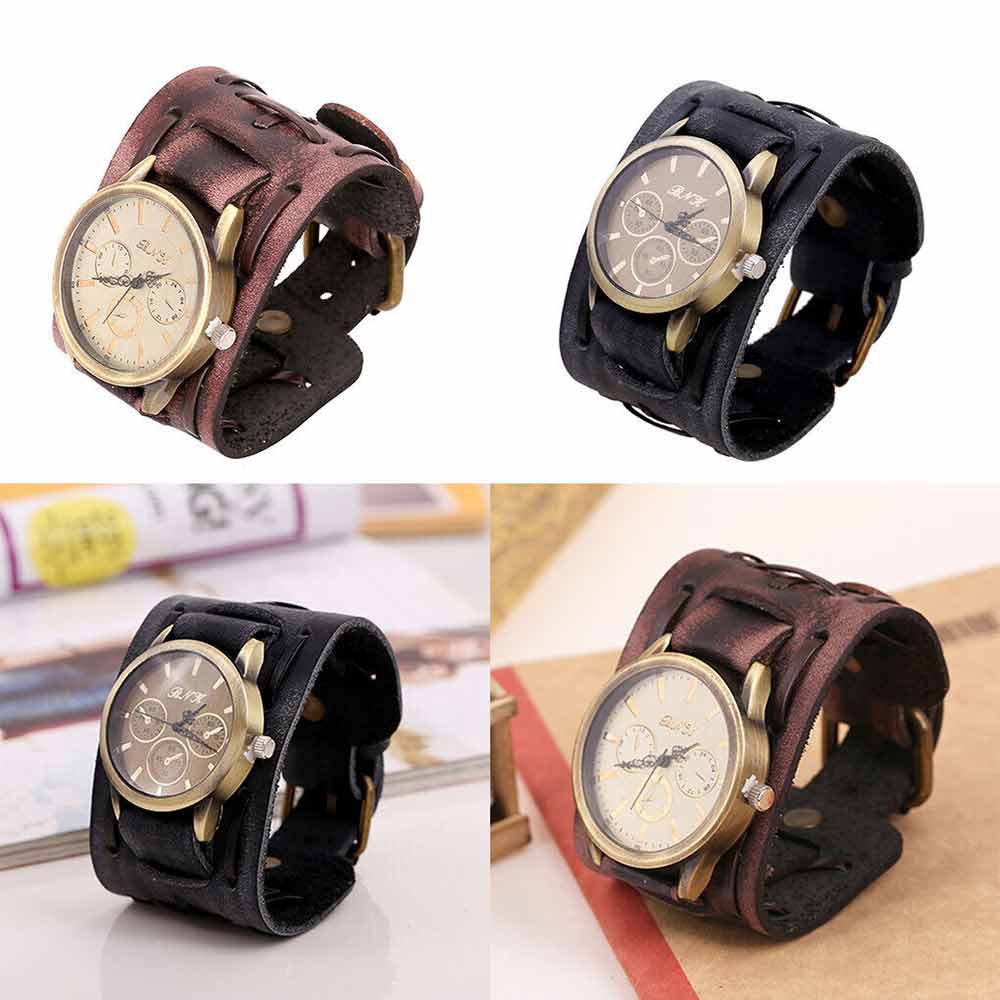 Retro Punk Rock Leather Bracelet Cuff Men Wrist Watch Wide Band Quartz Watch