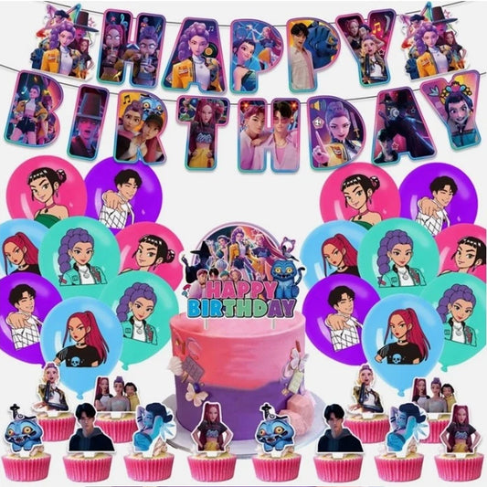 KPop Demon Hunters Themed Birthday Party Decorations Set -Banner, Balloons & Cake Toppers