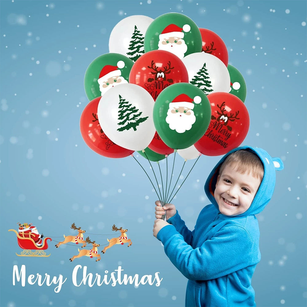 24-Pack Christmas Latex Balloons -Red, Green & White Santa & Tree Print Party Decorations