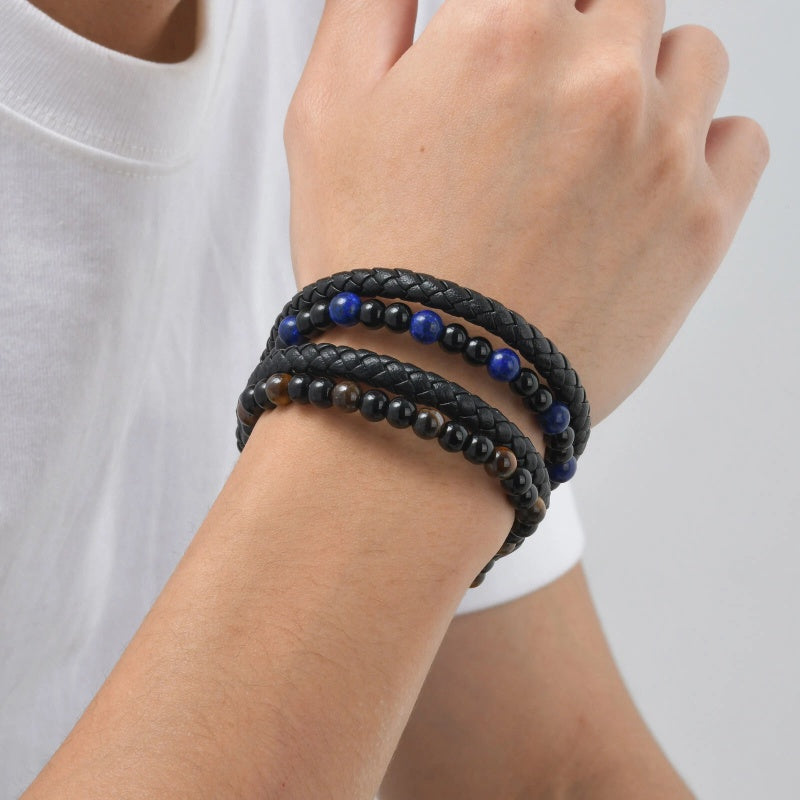 Me Natural Tiger Eye Stone Beads Bracelet Matte Black Onyx Leather Bracelet 23CM
