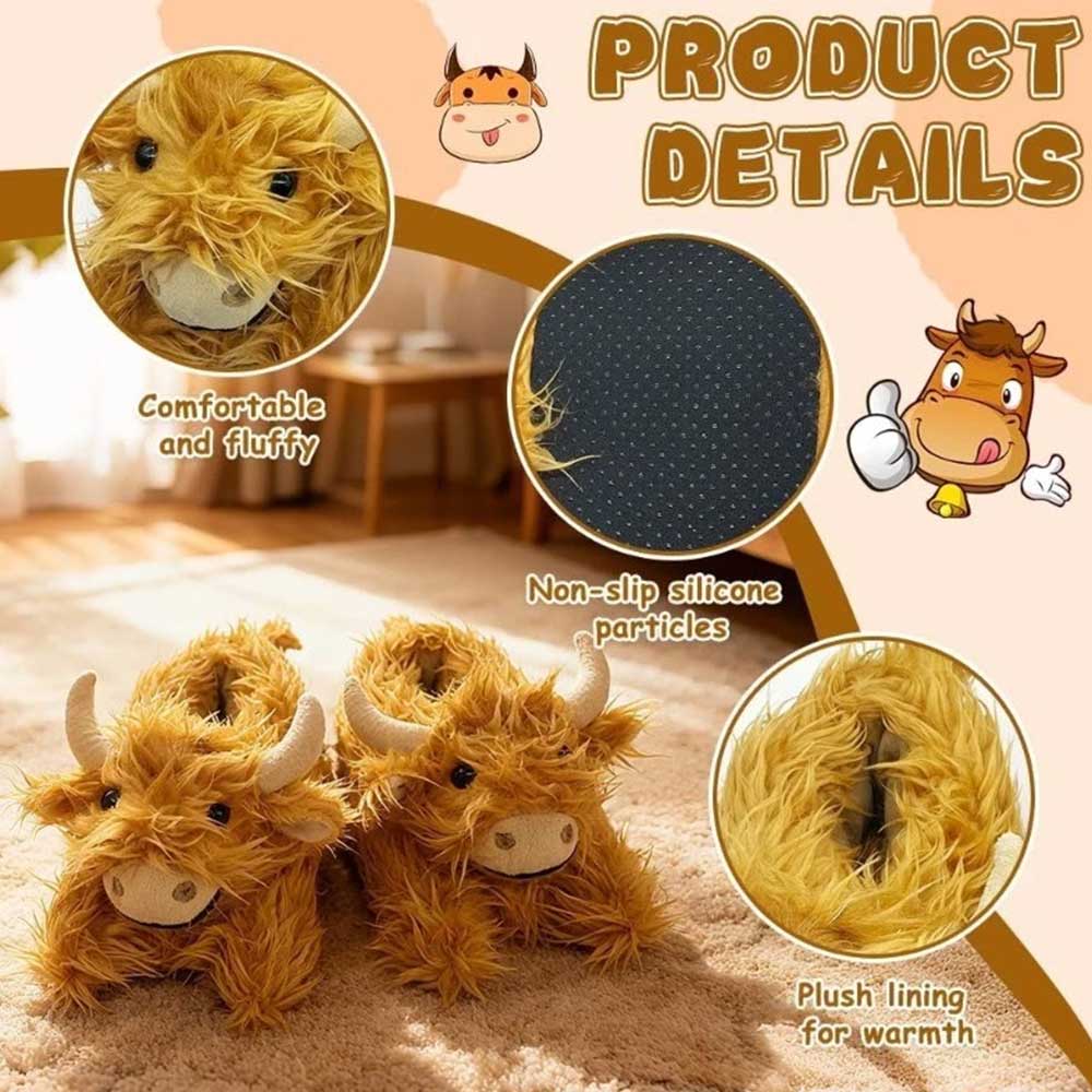 Highland Cow Slippers for Women - Novelty Fluffy Plush Warm Animal Slippers