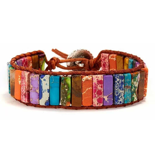 7 Chakra Bracelet Handmade Natural Stone Tube Beads Leather Wrap Women Bangle