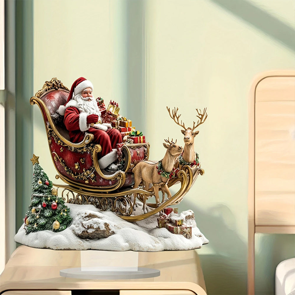 2D Santa Claus & Reindeer Sleigh Acrylic Tabletop Decor - 25x25cm Festive Stand Ornament