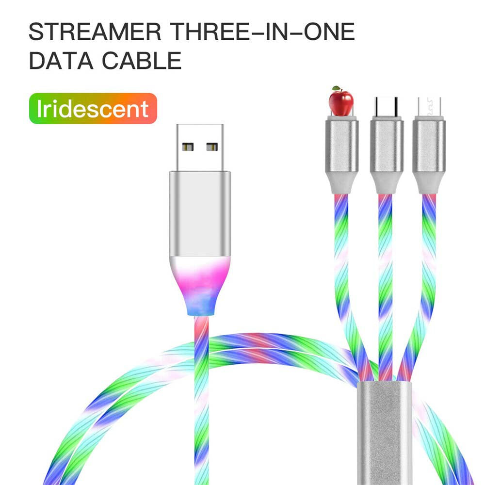4PCS 1m LED Flowing Light Up 3 in 1 Charging Cable, Micro Type-C iPhone Cable