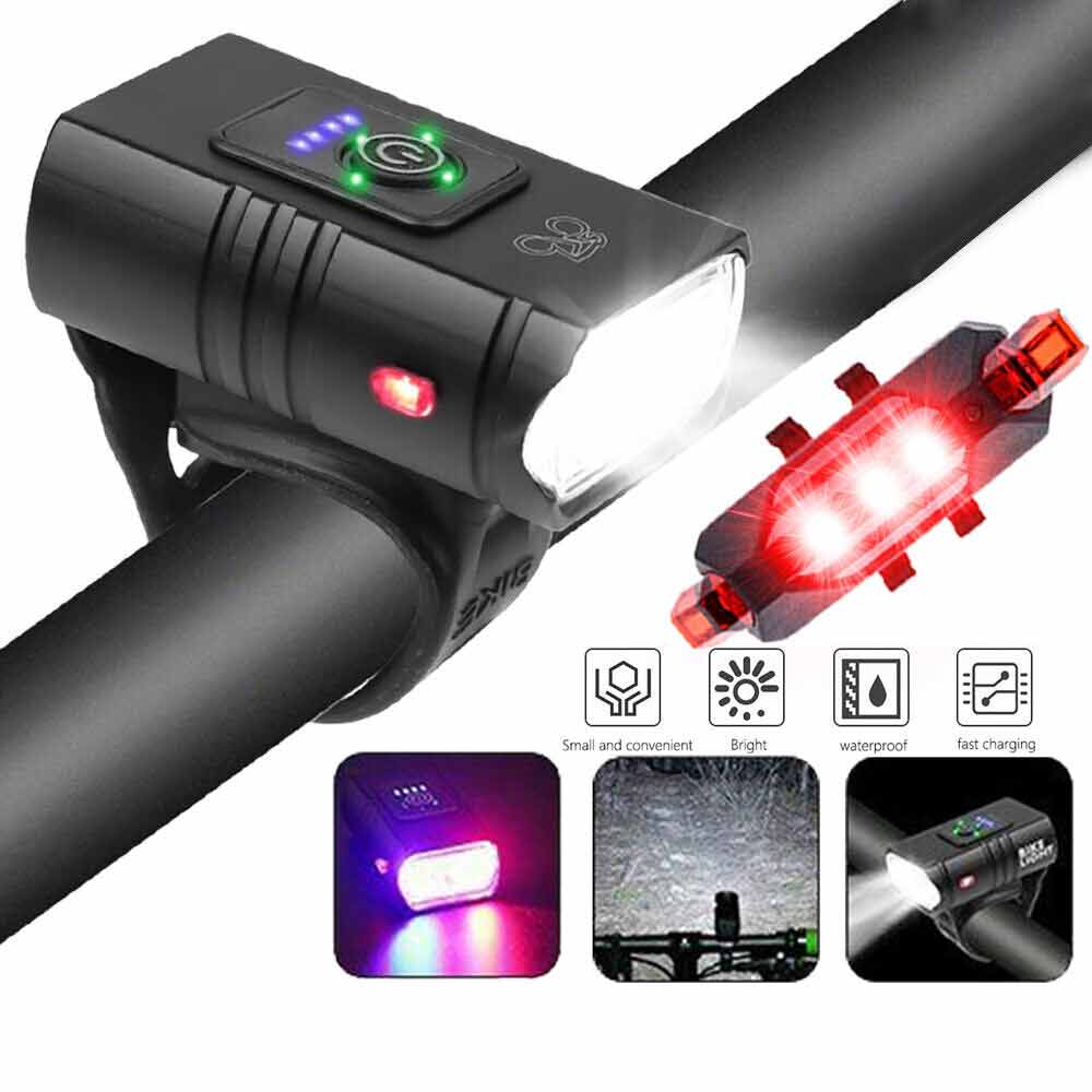 Rechargeable Bicycle Head Torch Front&Tail Kit Super Bright LED Mountain Bike Light