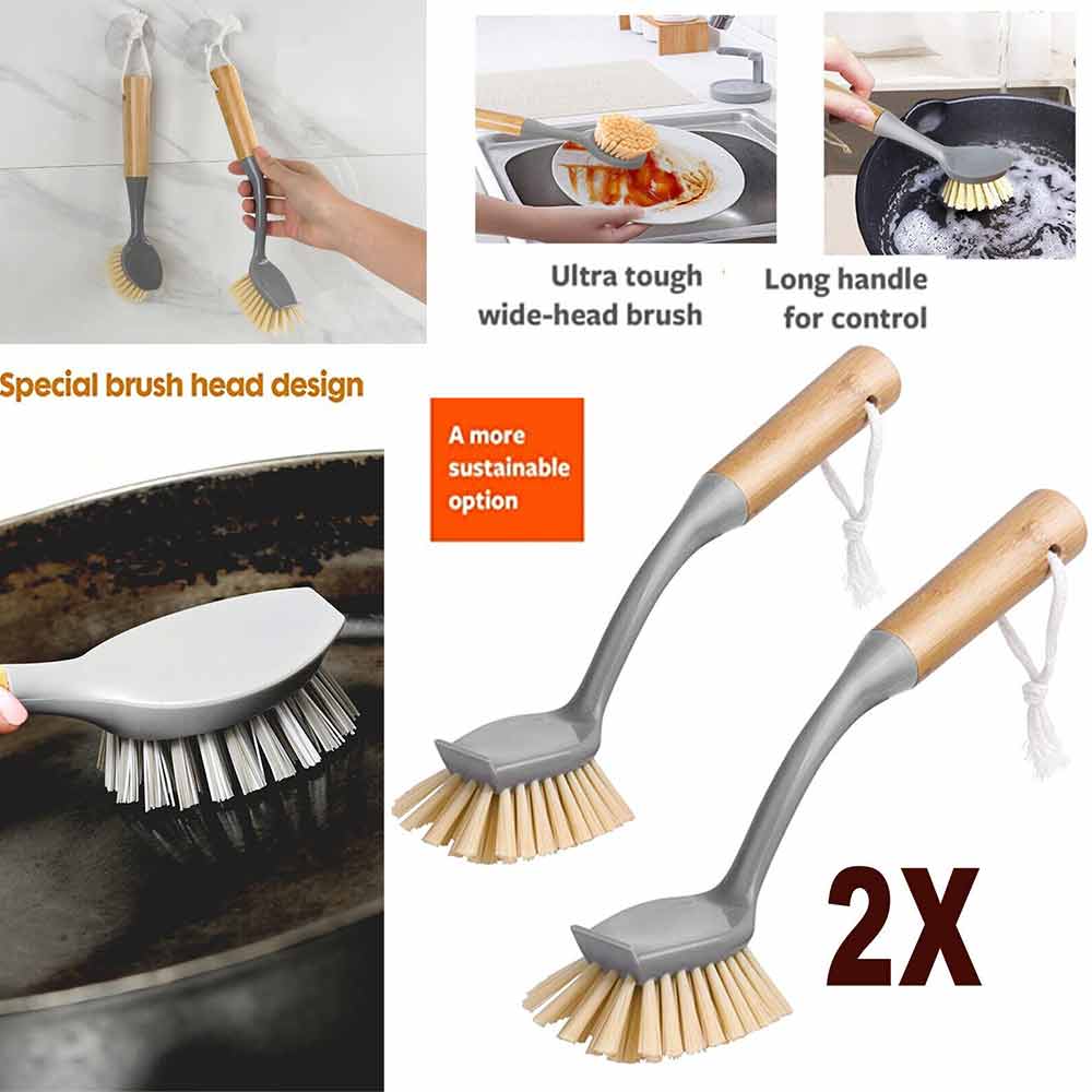2pcs Kitchen Pan Dish Brush Washing Up Bamboo Handle Bathtub Cleaning Scrub Tool