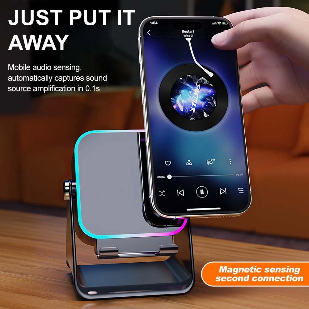 Mini Induction Speaker with Phone Stand - 5-in-1 Wireless Bluetooth Audio & Light