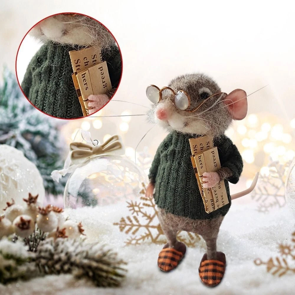 Needle Felted Mouse Christmas Decor - 10cm Handmade Felt Animal Ornament for Xmas Tree