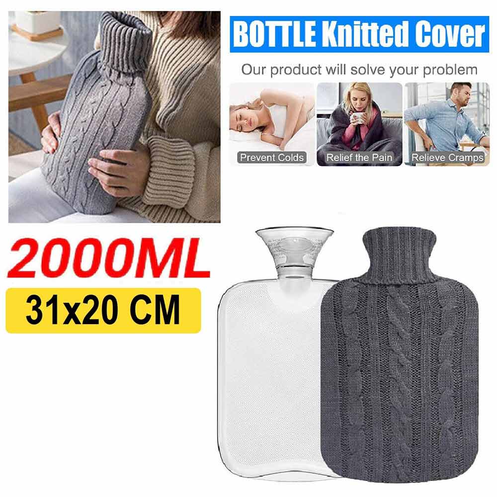 2L Hot Water Bottle Knitted Cover Winter Warm Rubber Bag Relaxing Warmer Grey