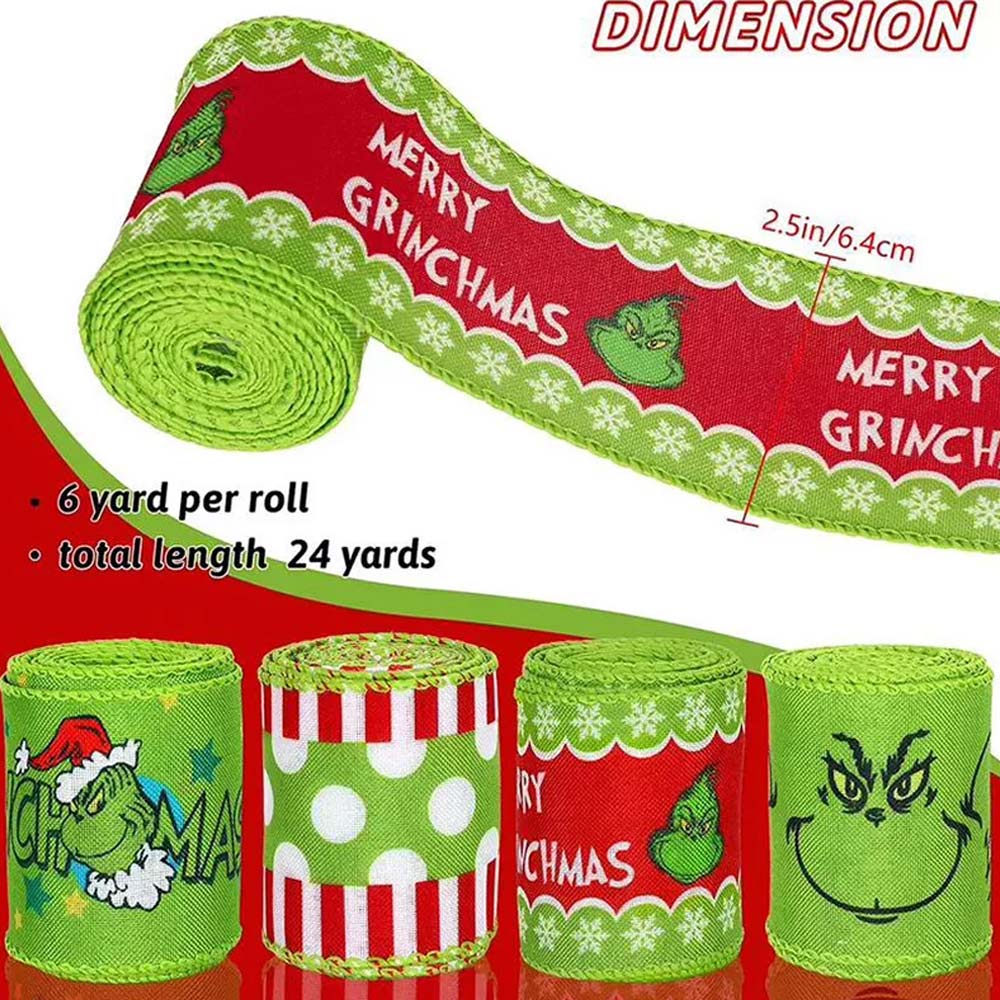 4X 6Yard/Roll Christmas Grinch Green Craft Ribbon Decoration Wrapping Ribbon