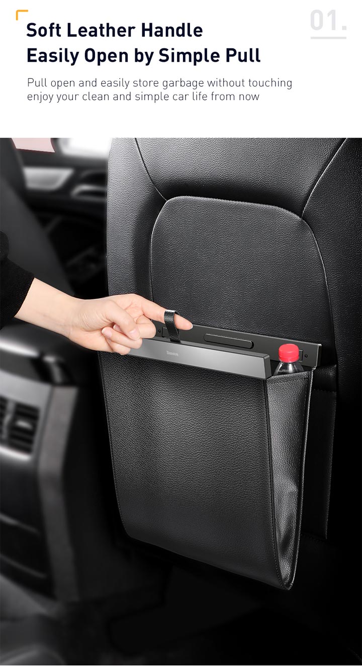 Baseus PU Leather Car Trash Bag - Waterproof, Leakproof Waste Basket with Magnetic Closure