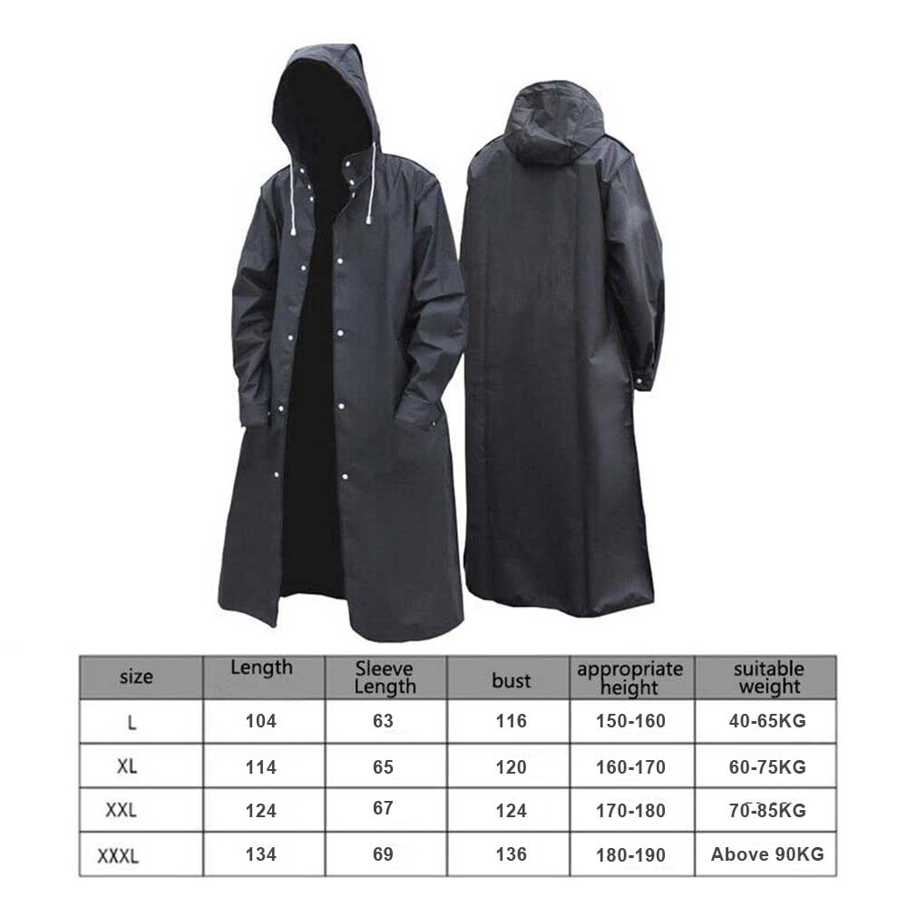 Mens Waterproof Long Raincoat Rain Coat Black Hooded Trench Jacket OutdoorHiking
