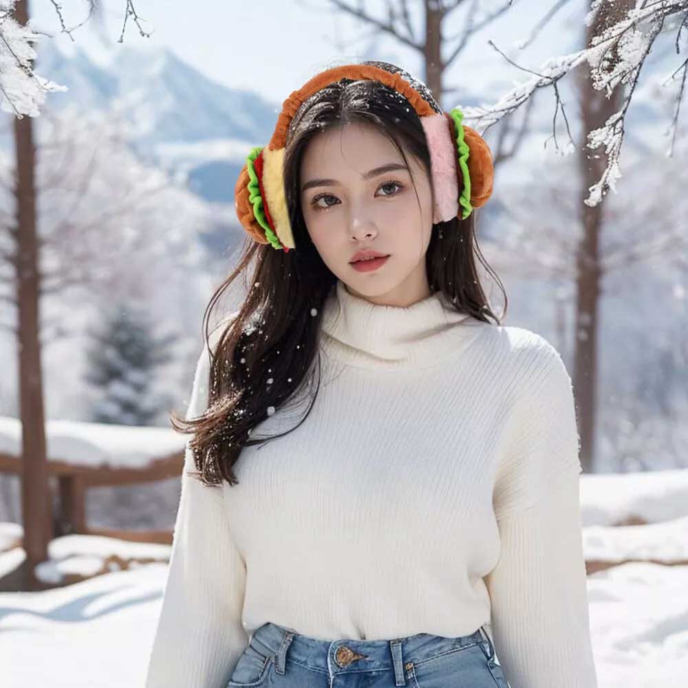 Hamburger Ear Muffs – Funny Fast Food Plush Ear Warmers for Adults, Foldable & Portable Cold Weather Accessory